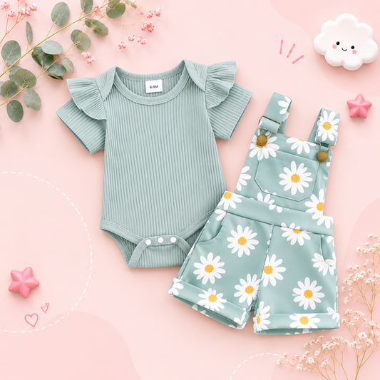 The Melody - Baby Girl Short Sleeve Romper with Flower Print Suspender Shorts