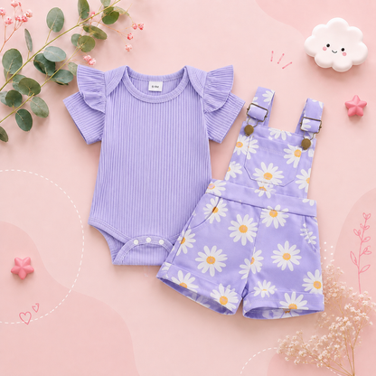 The Melody - Baby Girl Short Sleeve Romper with Flower Print Suspender Shorts