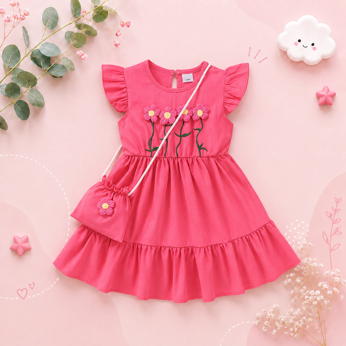 The Cali - Toddler Girls 3PCS Blue Dress with 3D Flower and Pocket Summer Outfit