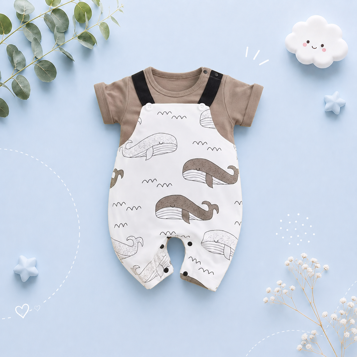 The Jaime - Newborn Baby Boy Brown Whale Print Cotton Romper Short Sleeve Summer Outfit