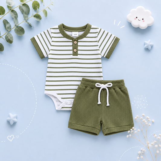 The Morrie - Unisex Baby 2PCS Ribbed Striped Short Sleeve Romper & Shorts Summer Set
