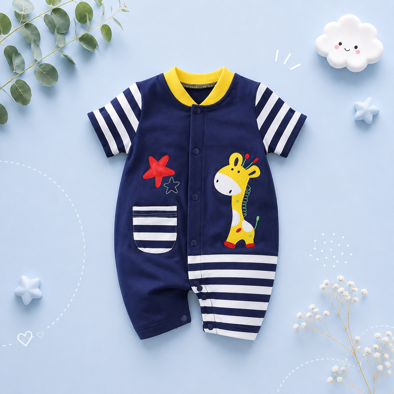 The Vincenzo - Newborn Baby Giraffe Print Cotton Romper Short Sleeve Summer Outfit