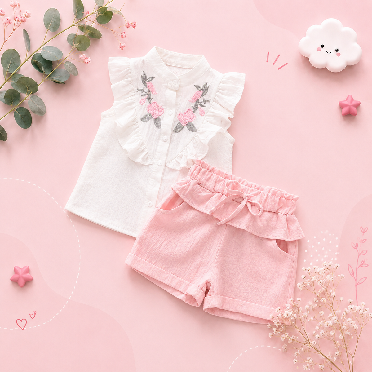 The Hunter - Baby Girl Bear Embroidered Top & Shorts Set Sleeveless Summer Clothing