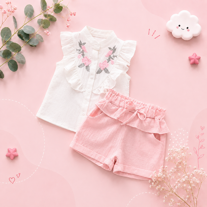 The Hunter - Baby Girl Bear Embroidered Top & Shorts Set Sleeveless Summer Clothing