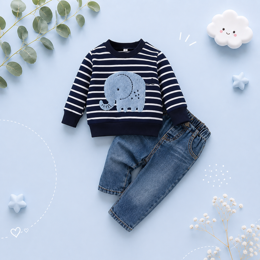 The Saylor - Baby Unisex Black Elephant Stripe Top Casual Cute Print Jeans Set
