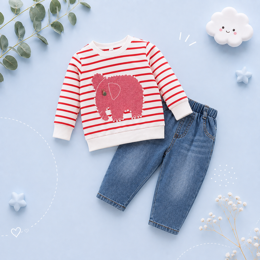 The Saylor - Baby Unisex White & Red Elephant Stripe Top Casual Cute Print Jeans Set