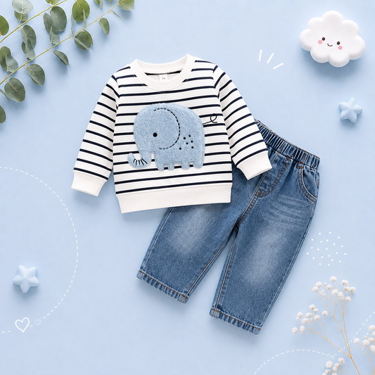 The Saylor - Baby Unisex White + Grey Elephant Stripe Top Casual Cute Print Jeans Set