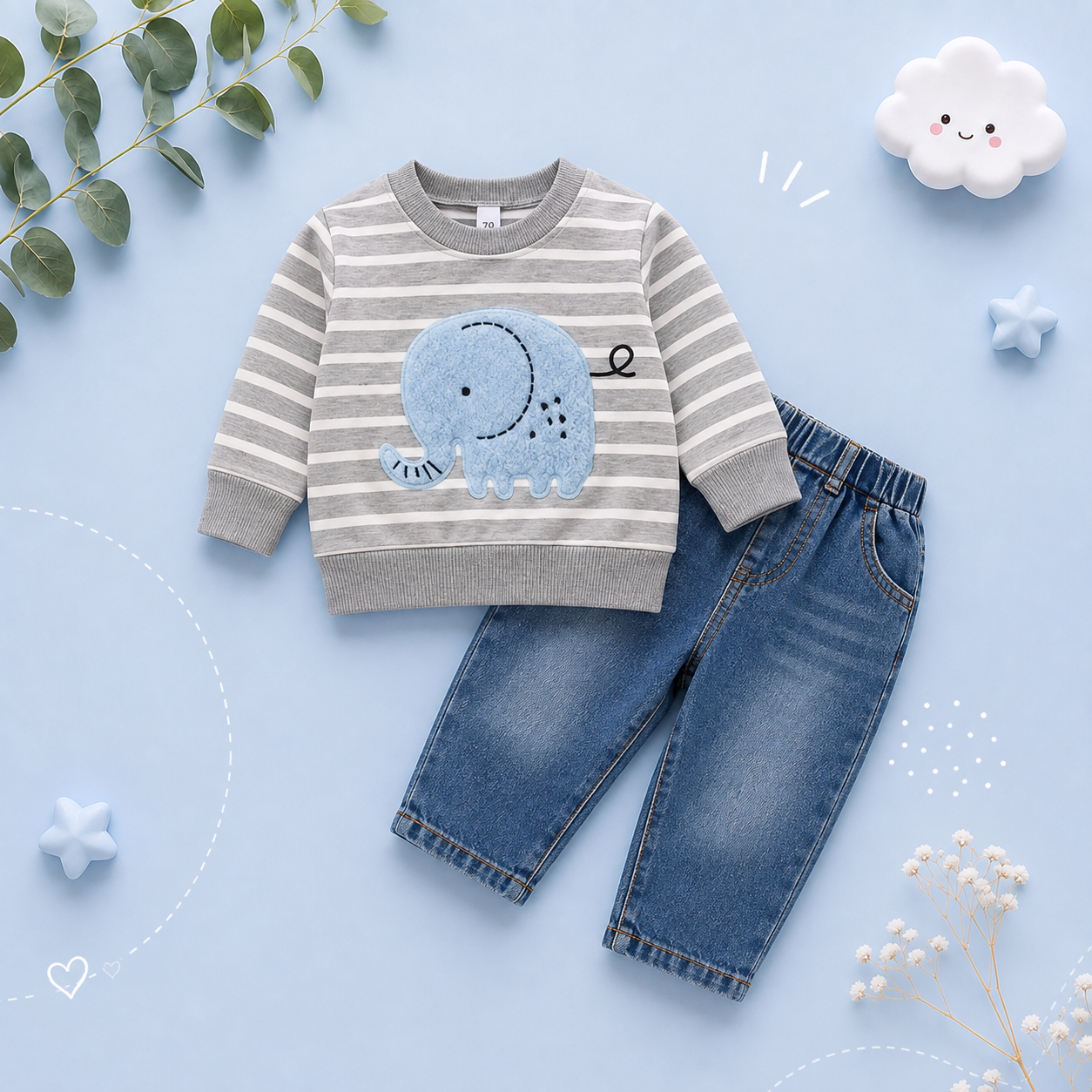 The Saylor - Baby Unisex Grey Elephant Stripe Top Casual Cute Print Jeans Set
