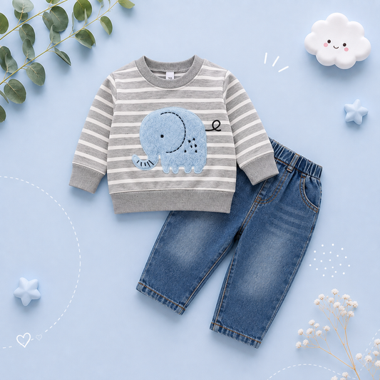 The Saylor - Baby Unisex Grey Elephant Stripe Top Casual Cute Print Jeans Set