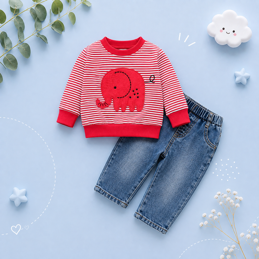 The Saylor - Baby Unisex Red Elephant Stripe Top Casual Cute Print Jeans Set