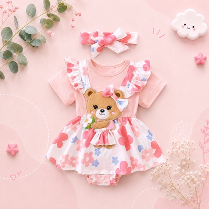 The Selene - Baby Girl 2PCS Bear Floral Romper & Headband Spring Summer Outfit