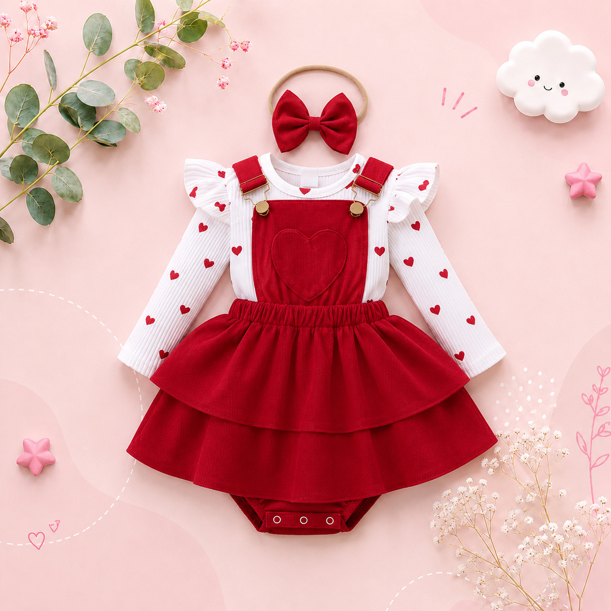 The Maxine - Infant Baby Girl Spring Outfit – Heart & Polka Dot Long Sleeve Romper + Suspender Skirt & Headband (3Pcs)