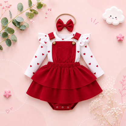 The Maxine - Infant Baby Girl Spring Outfit – Heart & Polka Dot Long Sleeve Romper + Suspender Skirt & Headband (3Pcs)