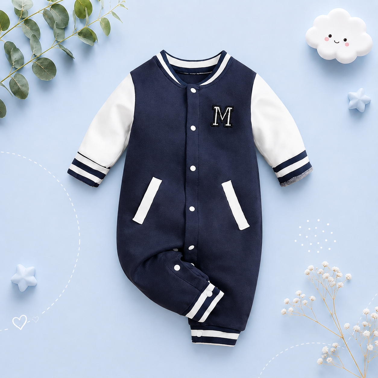 The Kingston - Baby Boy Baseball Print Footed Romper Long Sleeve Cotton Outfit