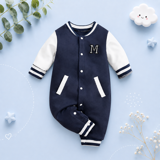 The Kingston - Baby Boy Baseball Print Footed Romper Long Sleeve Cotton Outfit