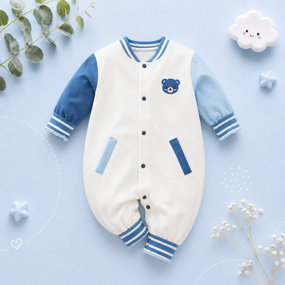 The Roman - Baby Boy  Cute Baseball Suit Teddy Bear Embroidered Cotton Bodysuit