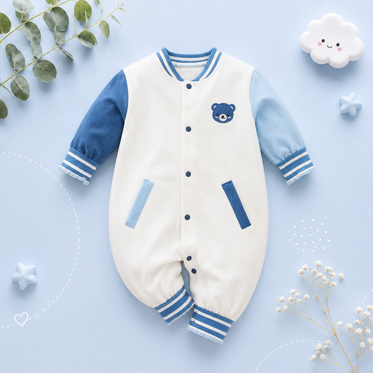 The Roman - Baby Boy  Cute Baseball Suit Teddy Bear Embroidered Cotton Bodysuit