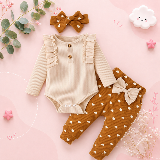 The Sidney - Newborn Baby Girl 3PC Ruffle Romper Bow Top + Pants Outfit Set