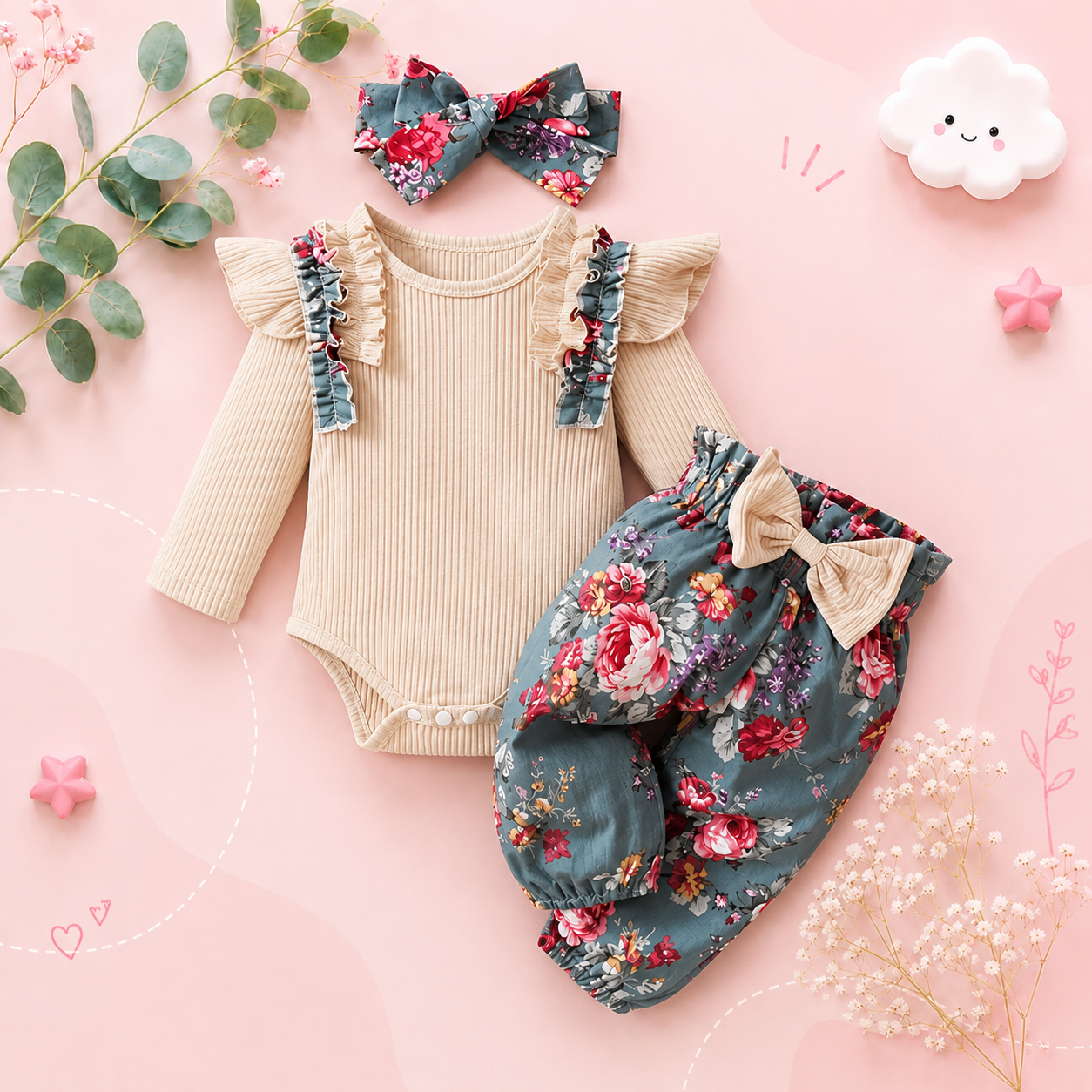 The Sidney - Newborn Baby Girl 3PC Ruffle Romper Bow Top + Pants Outfit Set