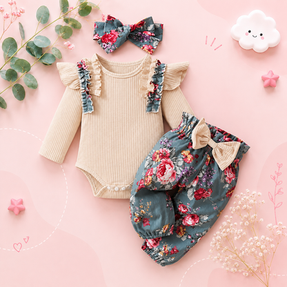The Sidney - Newborn Baby Girl 3PC Ruffle Romper Bow Top + Pants Outfit Set