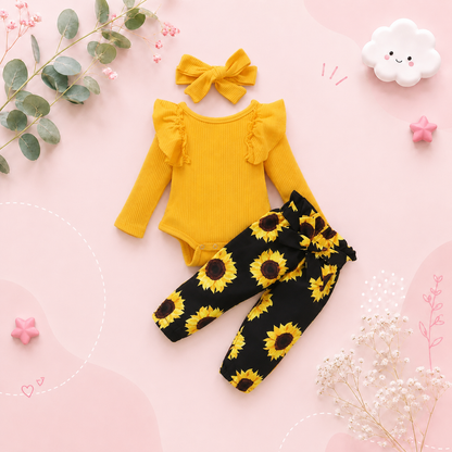 The Sidney - Newborn Baby Girl 3PC Outfit Set – Ruffle Romper, Bow Top & Pants
