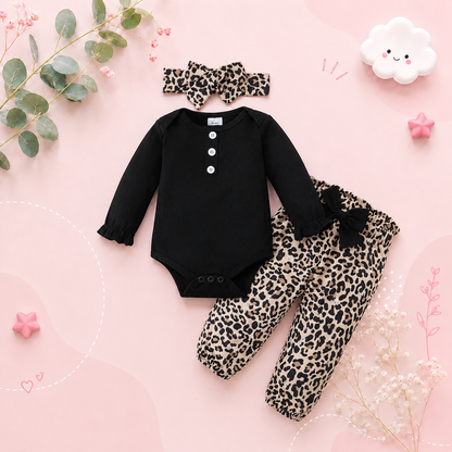The Sidney - Newborn Baby Girl 3PC Outfit Set – Ruffle Romper, Bow Top & Pants