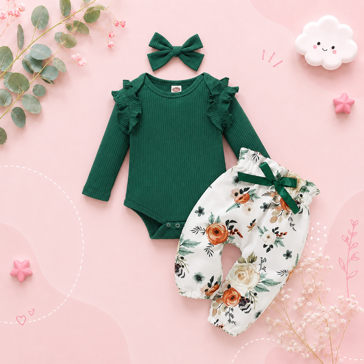 The Sidney - Newborn Baby Girl 3PC Outfit Set – Ruffle Romper, Bow Top & Pants