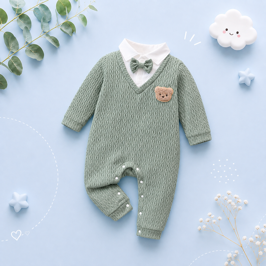 The Ellis - Baby Boy Long Sleeve Bodysuit – Lapel Collar Bow Spring Autumn Outfit