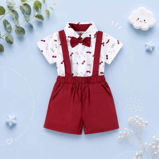The Ryan - Short Sleeve Bodysuit with Bow + Suspender Pants