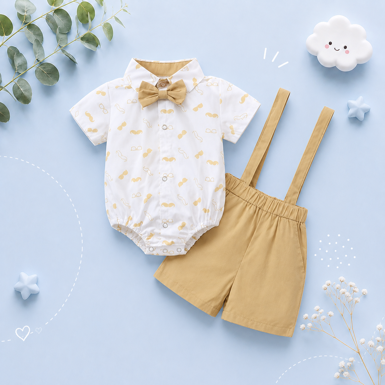 The Ryan - Short Sleeve Bodysuit with Bow + Suspender Pants