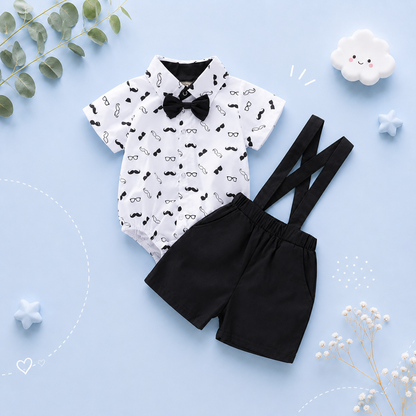 The Ryan - Short Sleeve Bodysuit with Bow + Suspender Pants