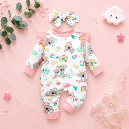 The Sage - Newborn Baby Girl 2PC Long Sleeve Cartoon Bodysuit & Headband Outfit