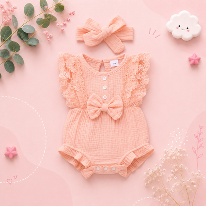 The Ollie - Newborn Baby Girl Lace Flare Sleeve Bodysuit and Headband Summer Romper Set