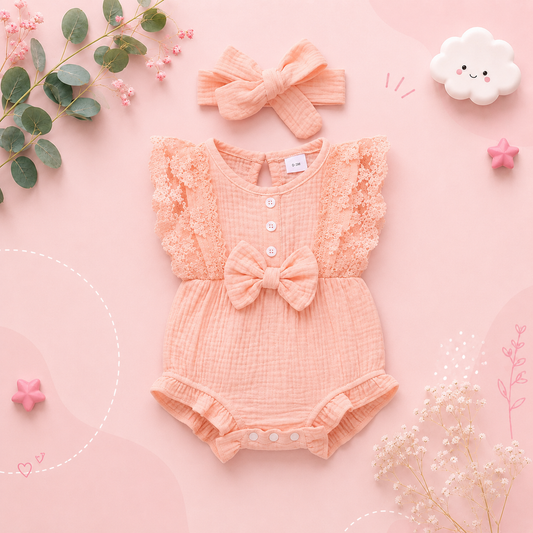 The Ollie - Newborn Baby Girl Lace Flare Sleeve Bodysuit and Headband Summer Romper Set