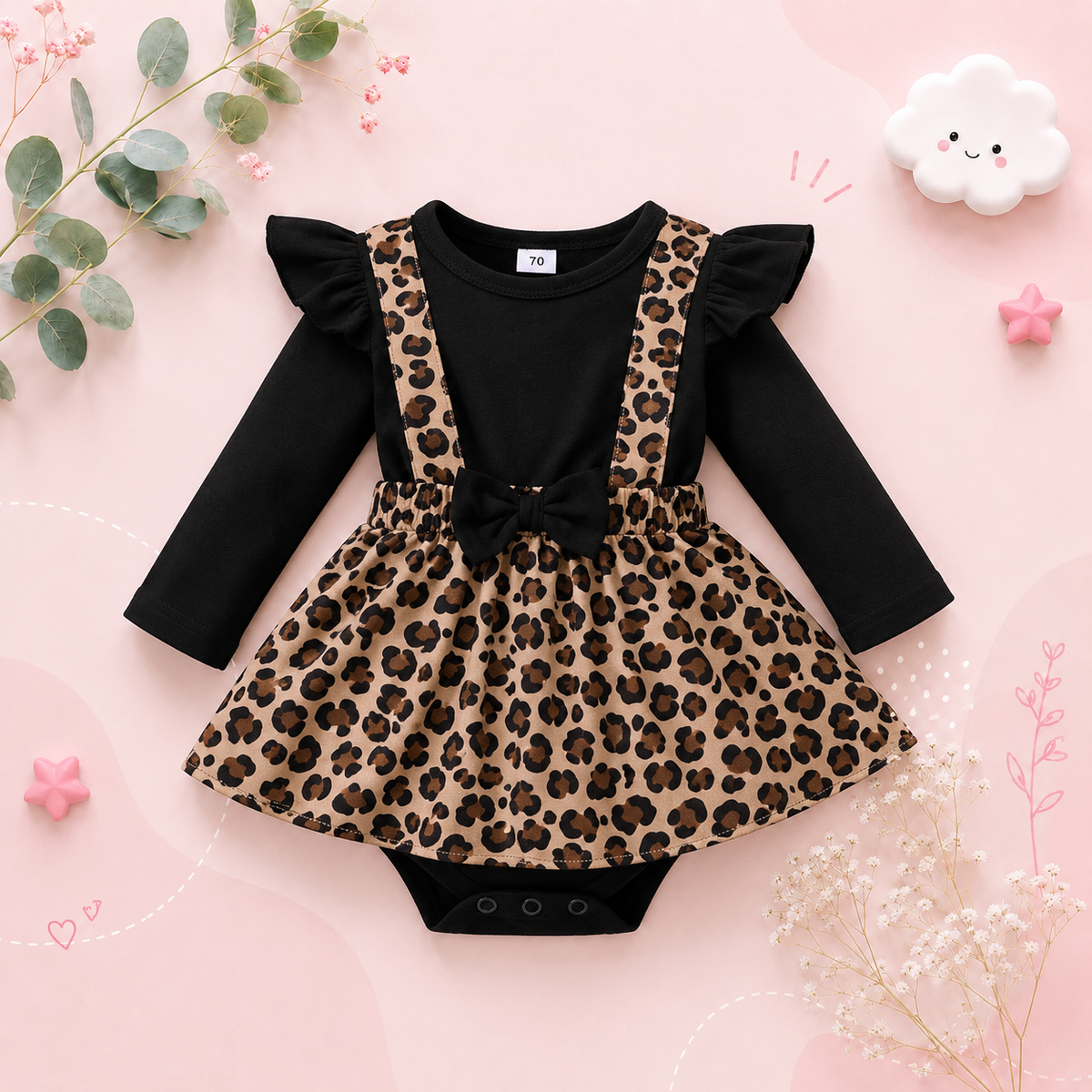 The Cedar - Baby Girl Leopard Dress Onesie Bow Long Sleeve Autumn Jumpsuit Outfit