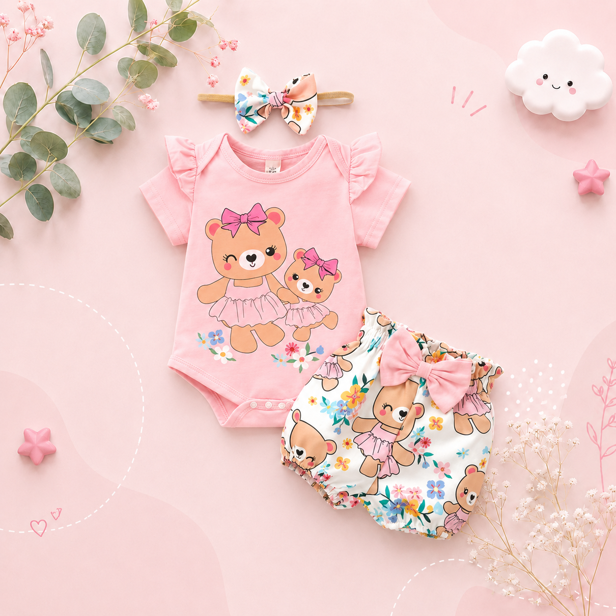 The Colby - Baby Girl 3PCS Outfit Bear Romper Shorts and Headband Summer Clothing