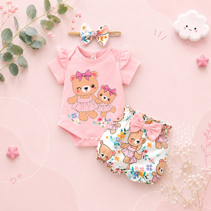 The Colby - Baby Girl 3PCS Outfit Bear Romper Shorts and Headband Summer Clothing