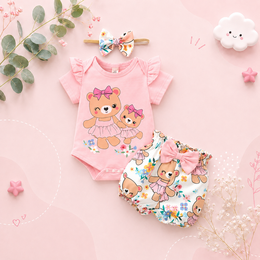 The Colby - Baby Girl 3PCS Outfit Bear Romper Shorts and Headband Summer Clothing