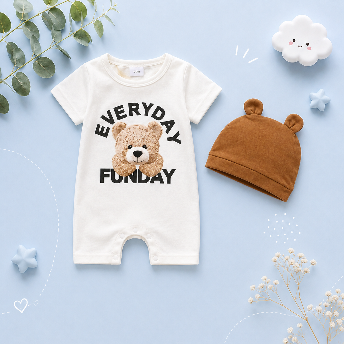 The Dale - Newborn Baby Boy Bear Print Romper Hat Set Short Sleeve Outfit