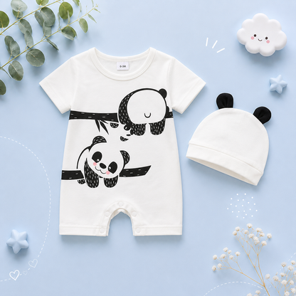 The Dale - Newborn Baby Boy Panda Print Romper Hat Set Short Sleeve Outfit