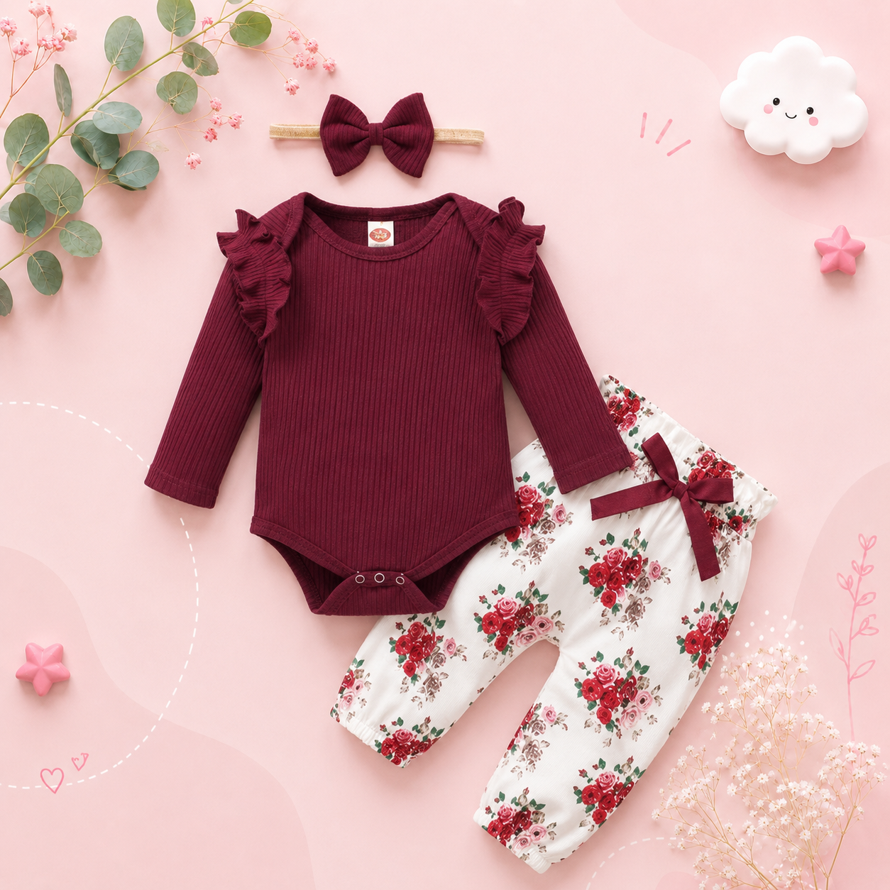 The Kit - Newborn Baby Girl Long Sleeve Romper Floral Pants Headband Set 3PCS