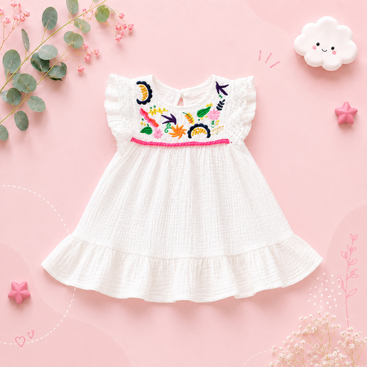 The Marian - Baby Girl Cotton Linen Embroidered Dress Pleated Short Sleeve Summer Outfit