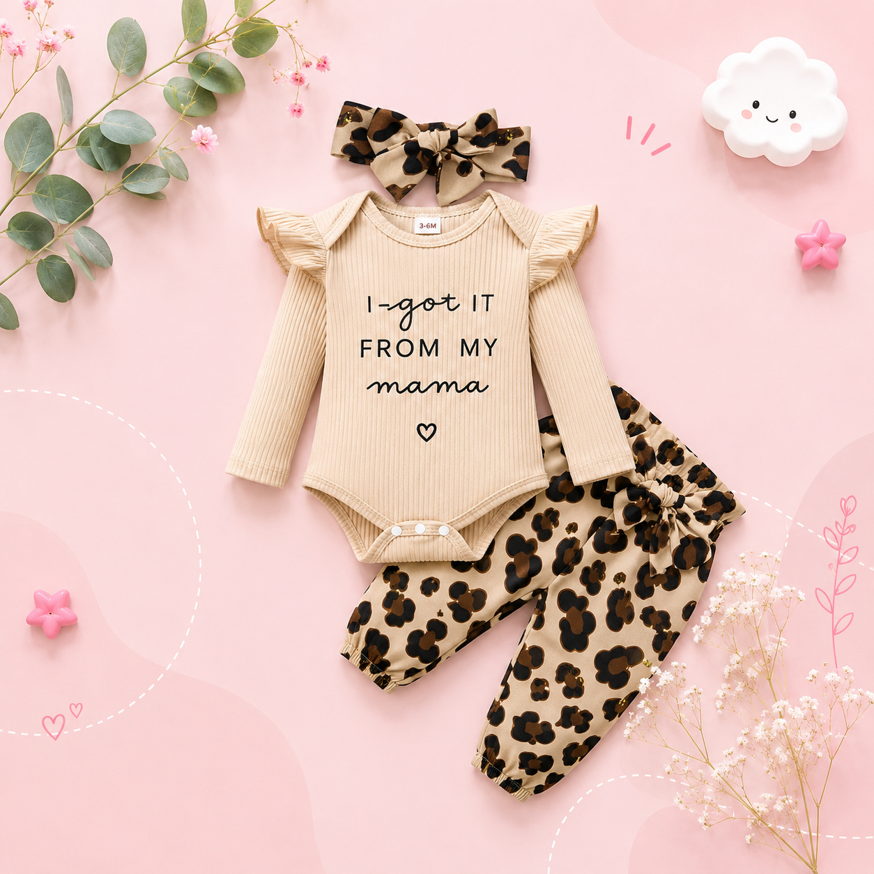 The Heidi - Brown Ruffle Bodysuit + Leopard Pants + Headband