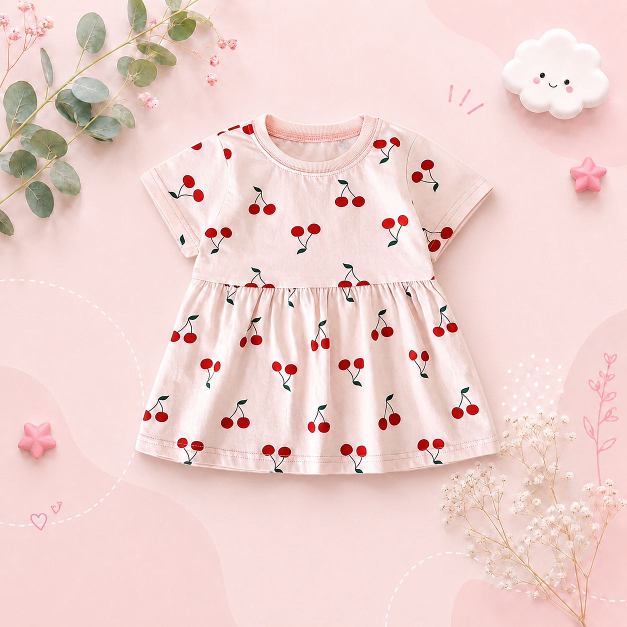 The Merry - Baby Girl Cotton Short Sleeve Dress Cute Summer Casual Outfit for Toddlers
