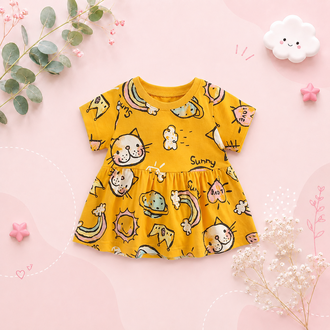 The Merry - Baby Girl Cotton Short Sleeve Dress Cute Summer Casual Outfit for Toddlers