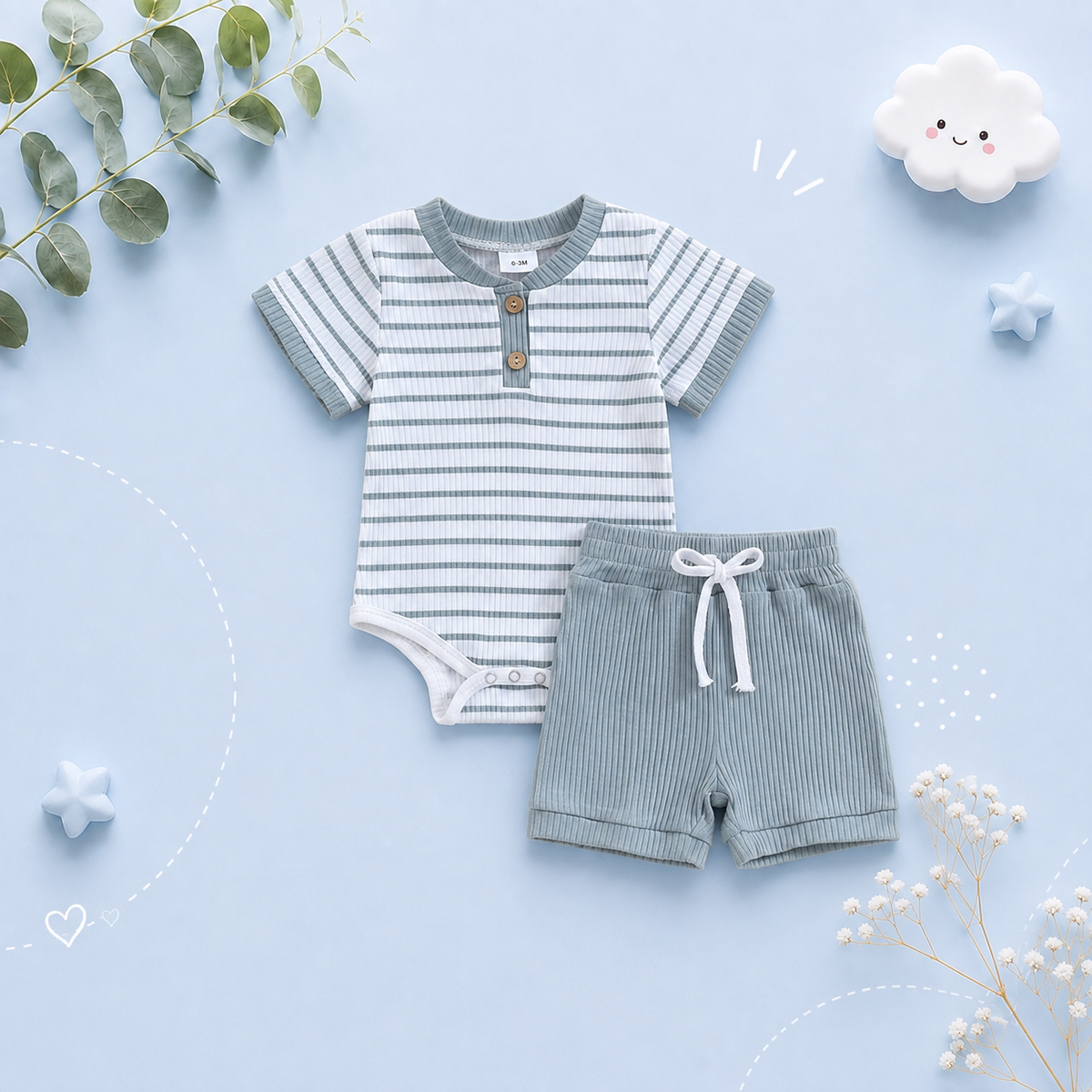The Morrie - Unisex Baby 2PCS Ribbed Striped Short Sleeve Romper & Shorts Summer Set
