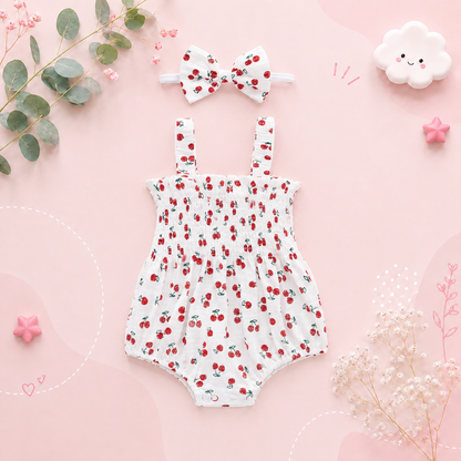 The Lila - Baby Girl Carrot Print Sleeveless Romper & Headband Summer Cotton Linen Outfit