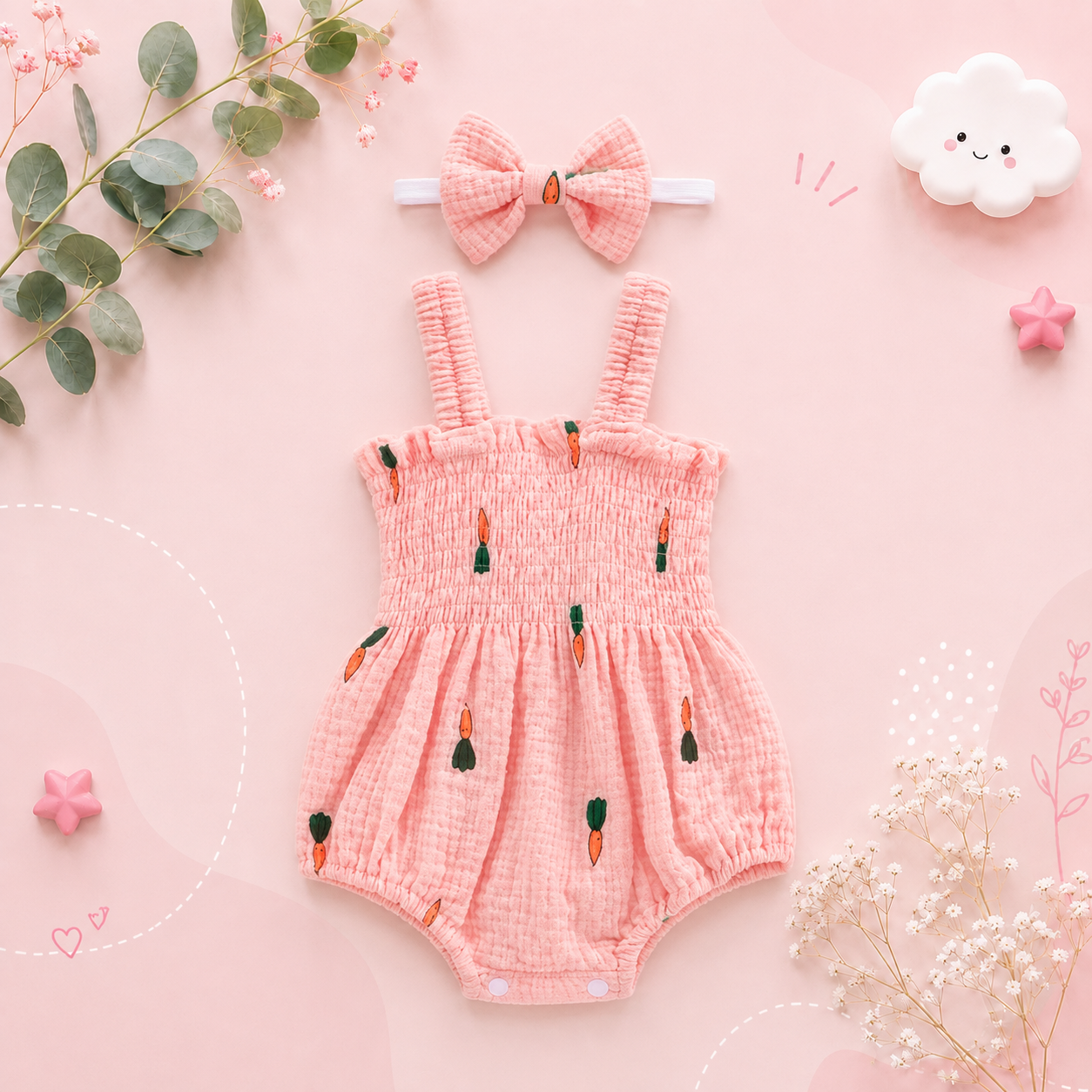 The Lila - Baby Girl Carrot Print Sleeveless Romper & Headband Summer Cotton Linen Outfit