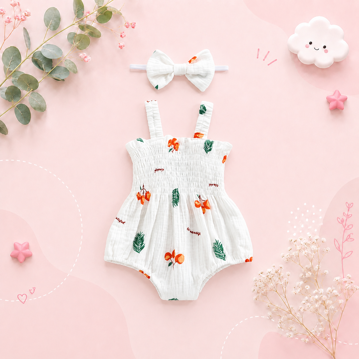 The Lila - Baby Girl Carrot Print Sleeveless Romper & Headband Summer Cotton Linen Outfit