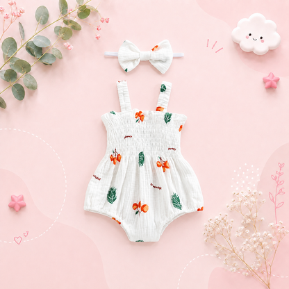 The Lila - Baby Girl Carrot Print Sleeveless Romper & Headband Summer Cotton Linen Outfit